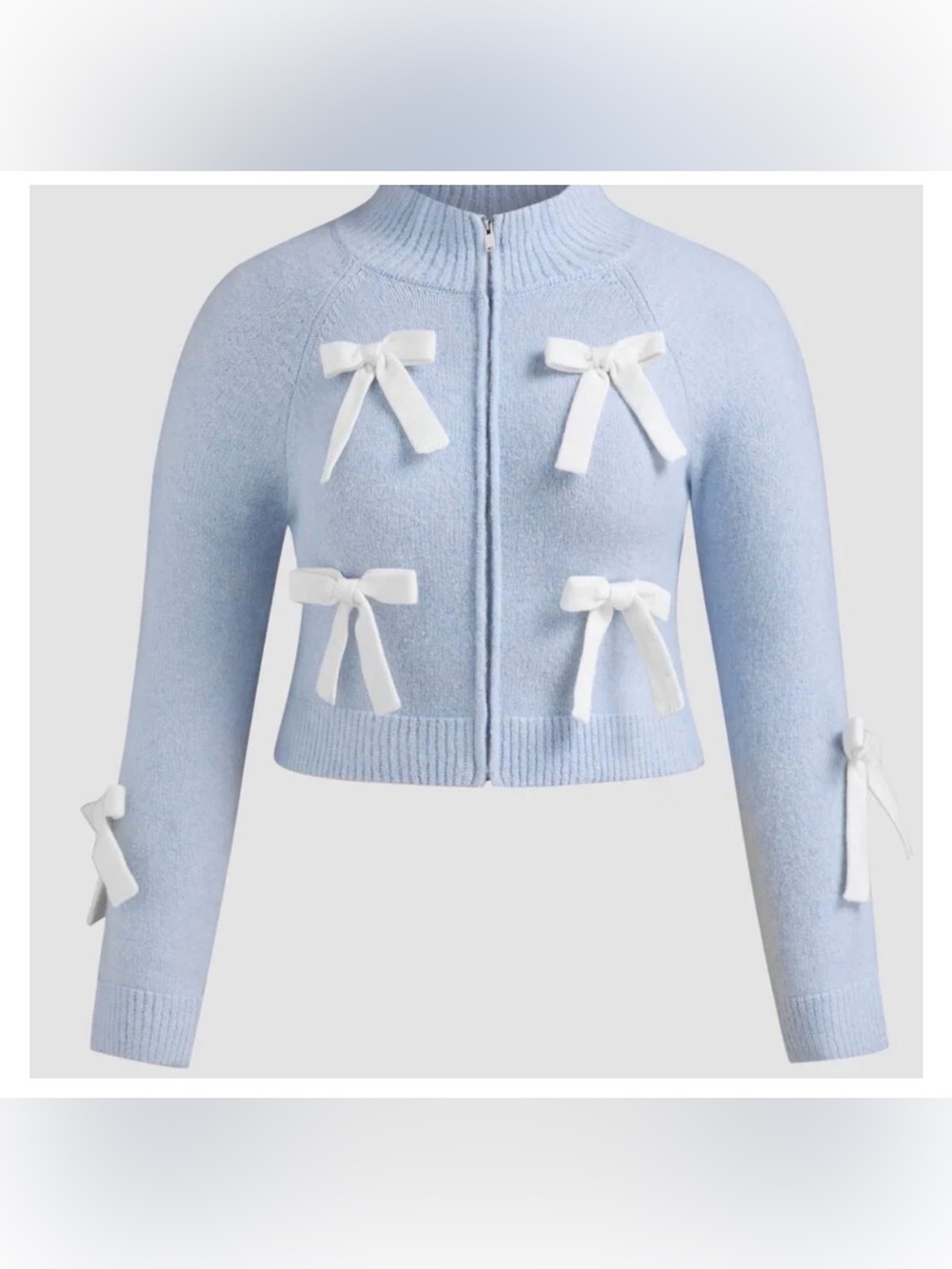 NWT Cider Pale Blue Cropped Zip Cardigan with White Bow Appliqués